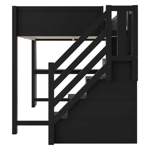 Cama alta 140x200 - secretária, armazenamento múltiplo, LED e escada com espaço - Preto