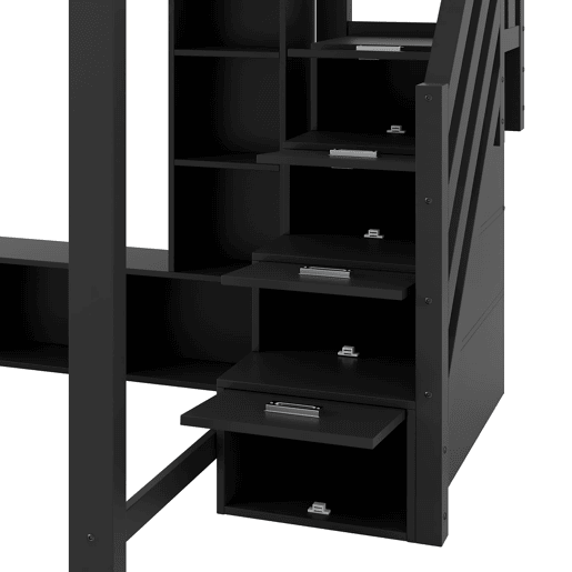 Cama alta 140x200 - secretária, armazenamento múltiplo, LED e escada com espaço - Preto
