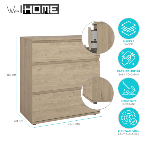 Júcar WellHome cômoda com 3 gavetas Júcar WellHome cômoda com 3 gavetas