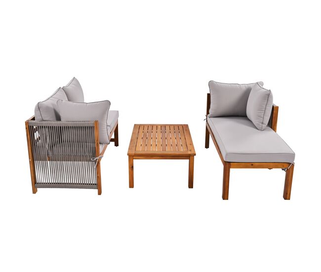 Set de sillas de jardín (3 piezas) - estructura de acacia, reposabrazos de cuerda gris, muebles de jardín en forma de l con patas ajustables - gris