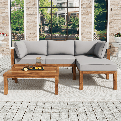 Conjunto de cadeiras de jardim (3 peças) - Estrutura em acácia, braços em corda cinzenta, móveis de jardim em forma de L com pés ajustáveis - Cinza