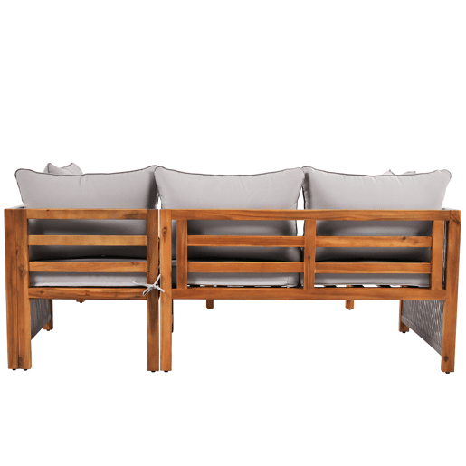 Conjunto de cadeiras de jardim (3 peças) - Estrutura em acácia, braços em corda cinzenta, móveis de jardim em forma de L com pés ajustáveis - Cinza
