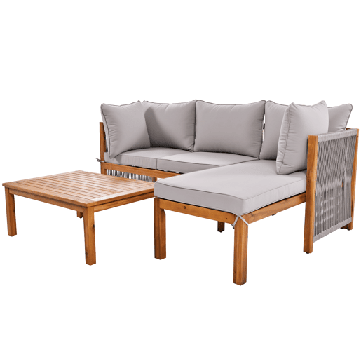 Conjunto de cadeiras de jardim (3 peças) - Estrutura em acácia, braços em corda cinzenta, móveis de jardim em forma de L com pés ajustáveis - Cinza