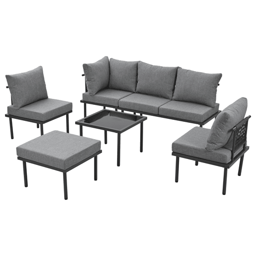 Conjunto de móveis de jardim de 6 peças - Estrutura em ferro galvanizado, sofá em corda cinzenta, mesa com tampo em vidro liso, almofadas incluídas - Cinza