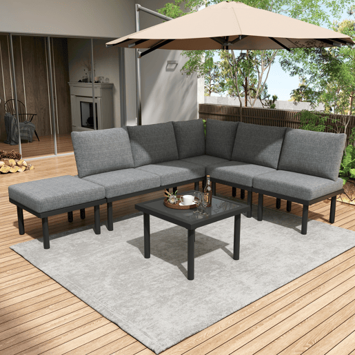 Conjunto de móveis de jardim de 6 peças - Estrutura em ferro galvanizado, sofá em corda cinzenta, mesa com tampo em vidro liso, almofadas incluídas - Cinza