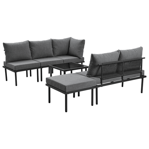 Conjunto de móveis de jardim de 6 peças - Estrutura em ferro galvanizado, sofá em corda cinzenta, mesa com tampo em vidro liso, almofadas incluídas - Cinza
