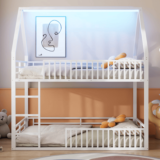 Cama alta 140x200 - estilo casa com grade e luz LED - Branco