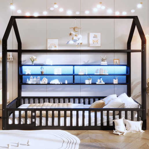 Cama infantil com plataforma 90x200 - com LED, grade de proteção e design em forma de casinha - Preto