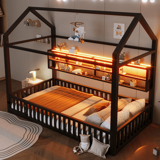 Cama infantil com plataforma 90x200 - com LED, grade de proteção e design em forma de casinha - Preto