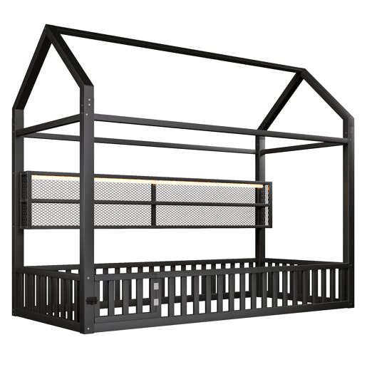 Cama infantil com plataforma 90x200 - com LED, grade de proteção e design em forma de casinha - Preto