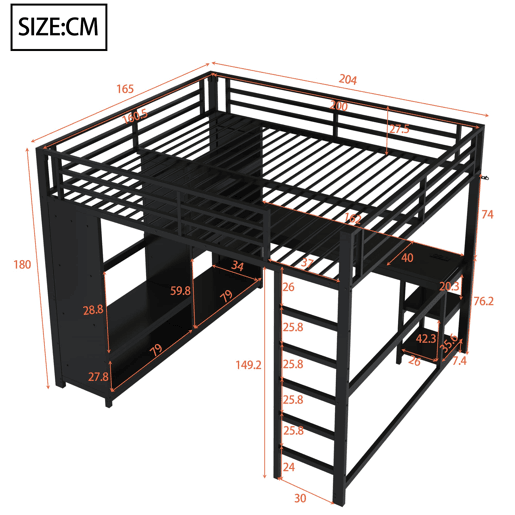 Cama alta para jogos 160x200 - LED, secretária, armário aberto e prateleiras - Preto