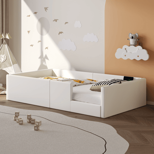Cama plataforma 90x200 - estofada com grade e estação de carregamento - Branca