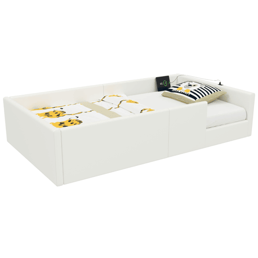 Cama plataforma 90x200 - estofada com grade e estação de carregamento - Branca