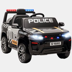 AIYAPLAY Carro Elétrico para Crianças de Polícia Carro a Bateria 12V com Motor Duplo Controlo Remoto 2,4 G Suspensão em 4 Rodas Sirene Faróis LED Porta USB Bluetooth e Música Preto