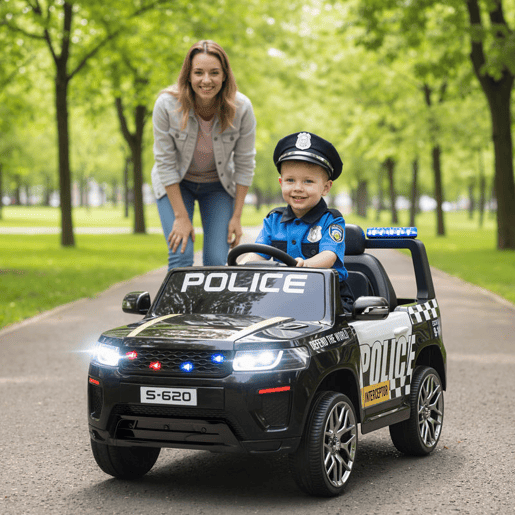 AIYAPLAY Carro Elétrico para Crianças de Polícia Carro a Bateria 12V com Motor Duplo Controlo Remoto 2,4 G Suspensão em 4 Rodas Sirene Faróis LED Porta USB Bluetooth e Música Preto