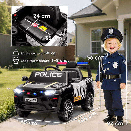 AIYAPLAY Carro Elétrico para Crianças de Polícia Carro a Bateria 12V com Motor Duplo Controlo Remoto 2,4 G Suspensão em 4 Rodas Sirene Faróis LED Porta USB Bluetooth e Música Preto