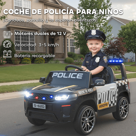 AIYAPLAY Carro Elétrico para Crianças de Polícia Carro a Bateria 12V com Motor Duplo Controlo Remoto 2,4 G Suspensão em 4 Rodas Sirene Faróis LED Porta USB Bluetooth e Música Preto