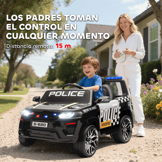 AIYAPLAY Carro Elétrico para Crianças de Polícia Carro a Bateria 12V com Motor Duplo Controlo Remoto 2,4 G Suspensão em 4 Rodas Sirene Faróis LED Porta USB Bluetooth e Música Preto