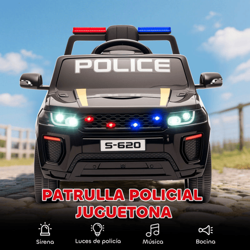 AIYAPLAY Carro Elétrico para Crianças de Polícia Carro a Bateria 12V com Motor Duplo Controlo Remoto 2,4 G Suspensão em 4 Rodas Sirene Faróis LED Porta USB Bluetooth e Música Preto