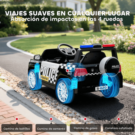 AIYAPLAY Carro Elétrico para Crianças de Polícia Carro a Bateria 12V com Motor Duplo Controlo Remoto 2,4 G Suspensão em 4 Rodas Sirene Faróis LED Porta USB Bluetooth e Música Preto
