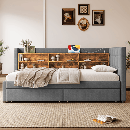 Cama tipo sofá 90x200 cm - 2 gavetas, USB e Tipo C, prateleiras e estrado de ripas - linho cinzento