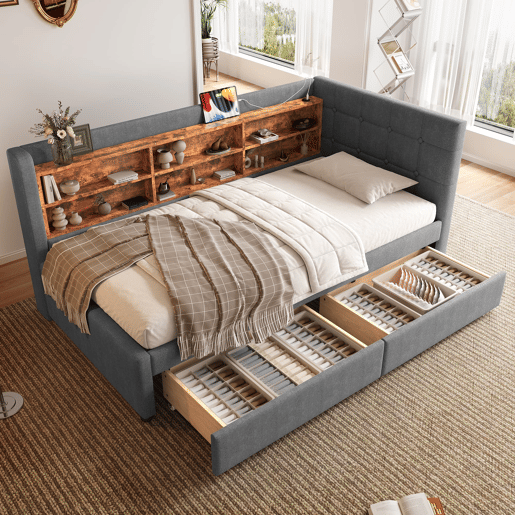 Cama tipo sofá 90x200 cm - 2 gavetas, USB e Tipo C, prateleiras e estrado de ripas - linho cinzento