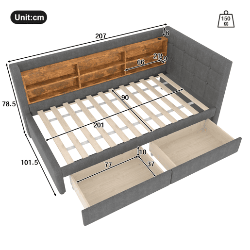 Cama tipo sofá 90x200 cm - 2 gavetas, USB e Tipo C, prateleiras e estrado de ripas - linho cinzento