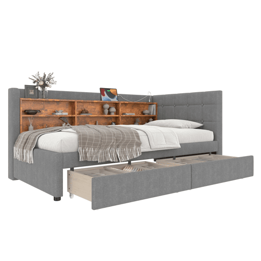 Cama tipo sofá 90x200 cm - 2 gavetas, USB e Tipo C, prateleiras e estrado de ripas - linho cinzento