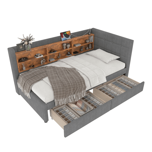 Cama tipo sofá 90x200 cm - 2 gavetas, USB e Tipo C, prateleiras e estrado de ripas - linho cinzento