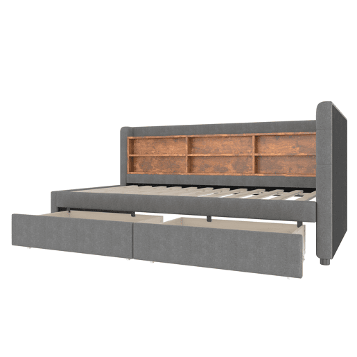 Cama tipo sofá 90x200 cm - 2 gavetas, USB e Tipo C, prateleiras e estrado de ripas - linho cinzento