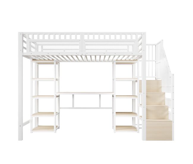 Cama alta 90x200 cm - marco de metal, escritorio, estantes, led, usb, sin colchón - blanco