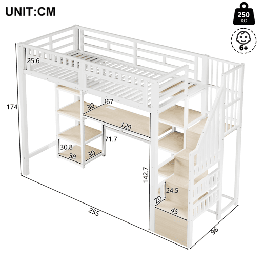 Cama alta 90x200 cm - Estrutura em metal, secretária, prateleiras, LED, USB, sem colchão - Branco