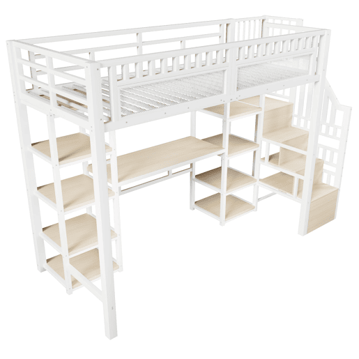 Cama alta 90x200 cm - Estrutura em metal, secretária, prateleiras, LED, USB, sem colchão - Branco