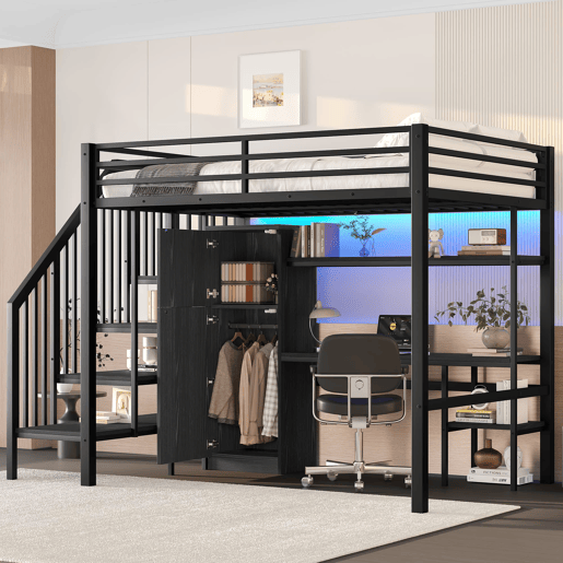 Cama alta metálica 140x200 - com secretária, estante, armário e escada com arrumação - Preto