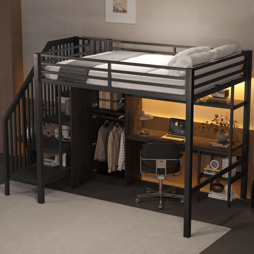 Cama alta metálica 140x200 - com secretária, estante, armário e escada com arrumação - Preto