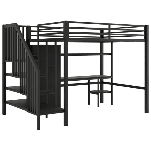 Cama alta metálica 140x200 - com secretária, estante, armário e escada com arrumação - Preto