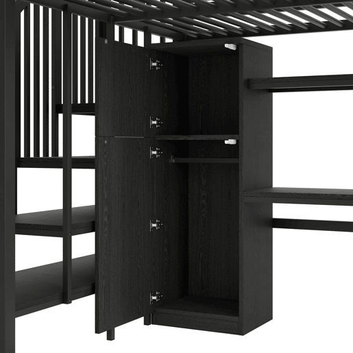 Cama alta metálica 140x200 - com secretária, estante, armário e escada com arrumação - Preto