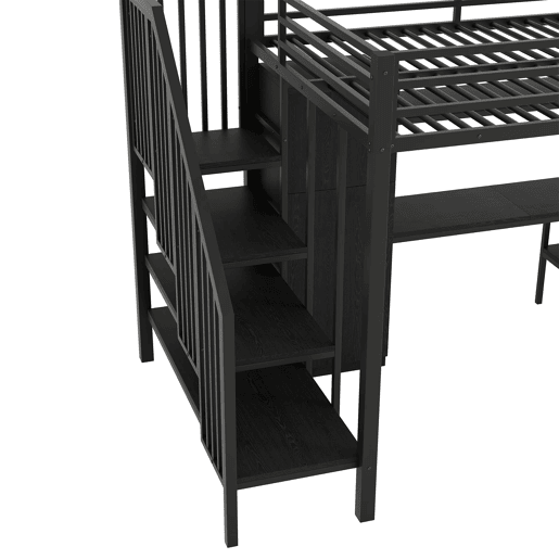 Cama alta metálica 140x200 - com secretária, estante, armário e escada com arrumação - Preto