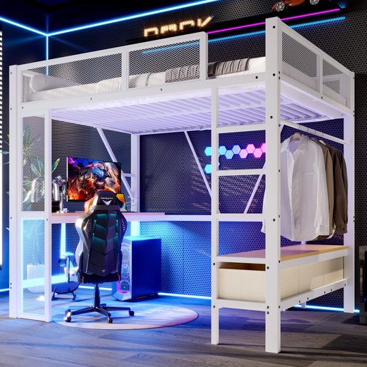Cama alta infantil 140x200 - Metal, LED, USB, secretária, armário aberto, 3 gavetas - Branco
