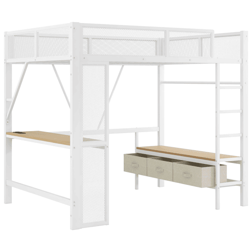 Cama alta infantil 140x200 - Metal, LED, USB, secretária, armário aberto, 3 gavetas - Branco