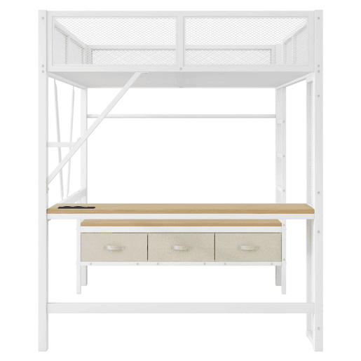 Cama alta infantil 140x200 - Metal, LED, USB, secretária, armário aberto, 3 gavetas - Branco