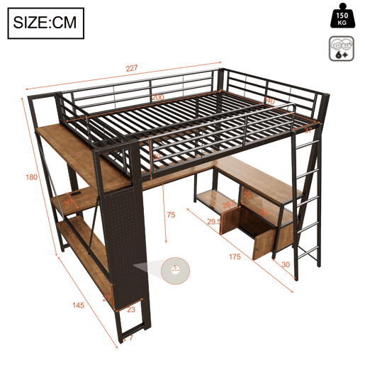 Cama alta 140x200 - Estrutura metálica, LED, secretária, arrumação, prateleiras, USB - Preto