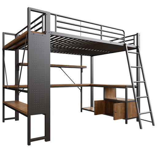 Cama alta 140x200 - Estrutura metálica, LED, secretária, arrumação, prateleiras, USB - Preto
