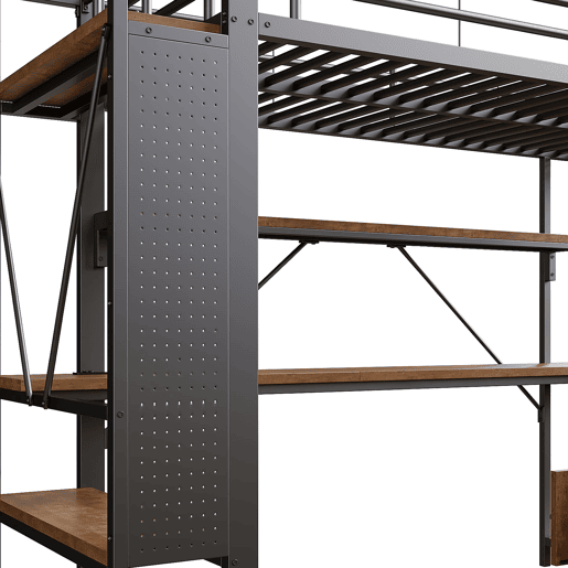 Cama alta 140x200 - Estrutura metálica, LED, secretária, arrumação, prateleiras, USB - Preto