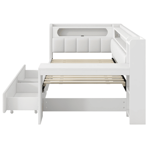 Cama de dia estofada 90x200 - com USB, LED, secretária e 2 gavetas - Branca