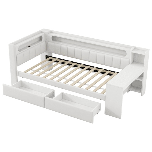 Cama de dia estofada 90x200 - com USB, LED, secretária e 2 gavetas - Branca
