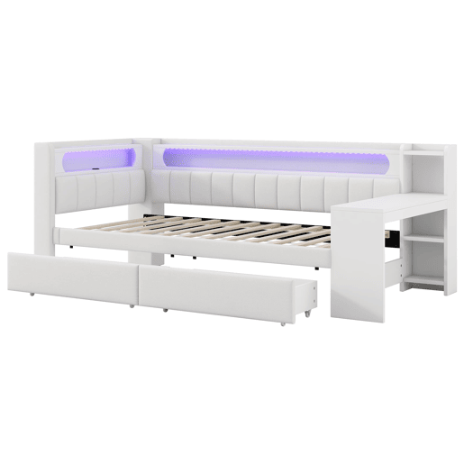 Cama de dia estofada 90x200 - com USB, LED, secretária e 2 gavetas - Branca