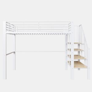 Cama alta 90x200 - Estrutura metálica, grande capacidade de arrumação, escada, ideal para crianças e adultos - Branco