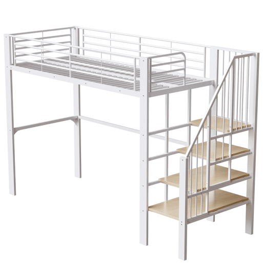 Cama alta 90x200 - Estrutura metálica, grande capacidade de arrumação, escada, ideal para crianças e adultos - Branco