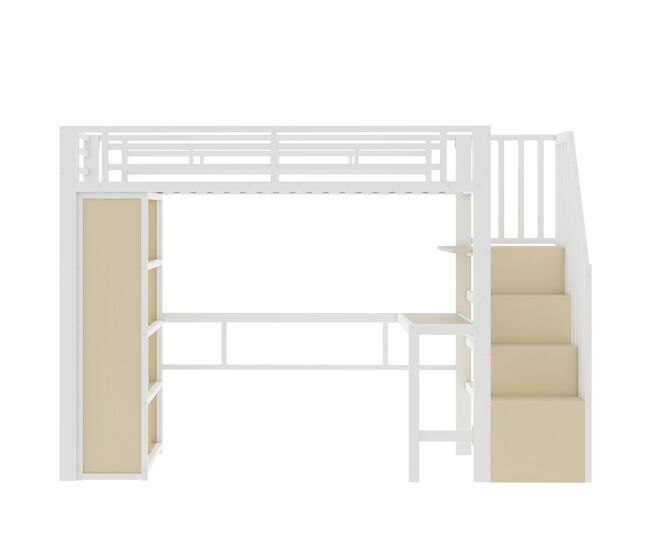 Cama alta 90x200 - estructura de hierro, escritorio, estante, led y escalera con almacenaje - blanco